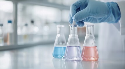 Scientist wearing blue gloves uses a pipette to add liquid into a conical flask with pink solution in a laboratory setting.