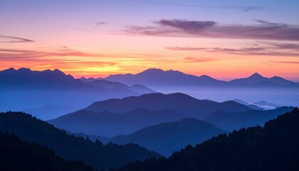 Mountainous landscape with vibrant sunset and layered blue ridges