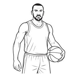Fototapeta premium A black and white vector shows a male basketball player mid dribble, outlined in bold black lines to highlight power, movement, and control.