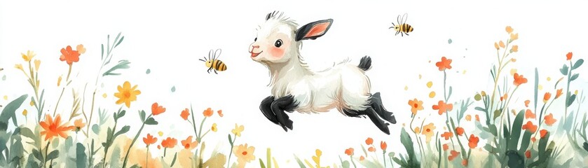 A joyful baby goat leaps playfully among blooming wildflowers and buzzing bees in a bright, cheerful watercolor illustration.
