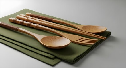 Bamboo Cutlery Set on Olive Green Napkin – Minimalist 3D Eco Dining Scene