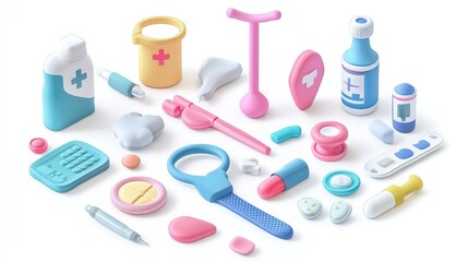 Pastel-Colored 3D Medical Kit Isolated on White Background for Health and Well-being