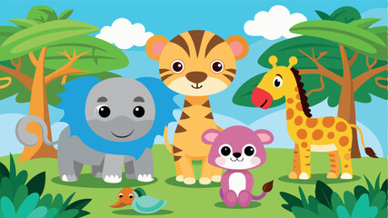 Naklejka premium Colorful cartoon animals in a vibrant jungle setting with trees and sky