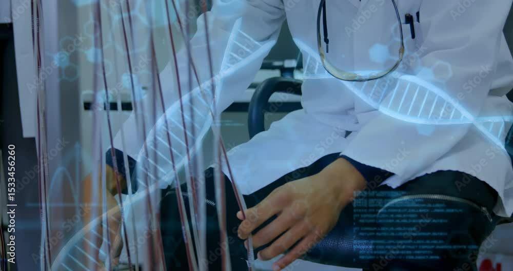 Poster leaning on rack, lab tech extracting repositioning tubes with scrolling dna overlays for sorting