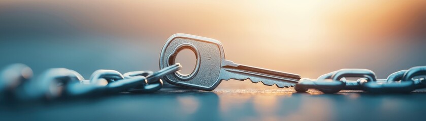 A close-up of a silver key placed on a metal chain with a blurred, warm-toned background symbolizing security and connection.