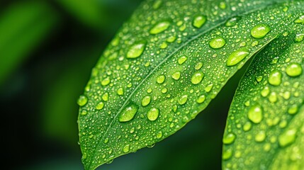 Macro Shot of Vibrant Green Leaf with Water Droplets