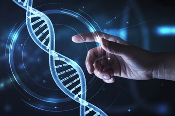 Digital representation of dna structure with a hand interacting.
