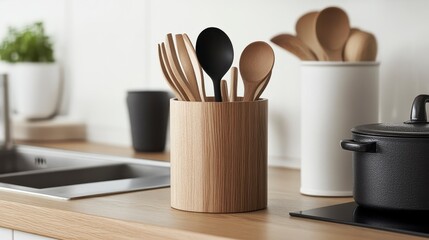 Wooden utensil holder with kitchen tools on countertop.