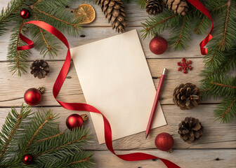Festive Christmas Composition: A captivating overhead shot showcases a blank paper awaiting heartfelt notes, framed by seasonal elements, creating a cozy and inviting ambiance.