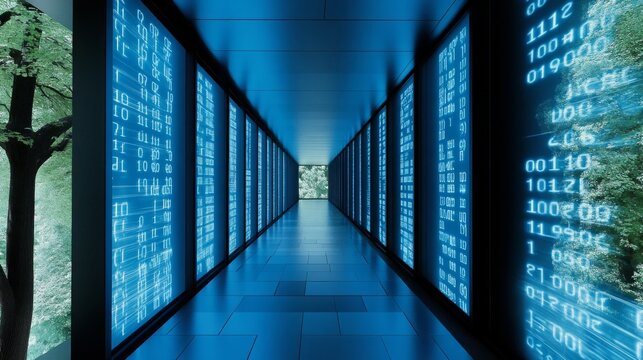 A long blue hallway with many computer screens displaying numbers