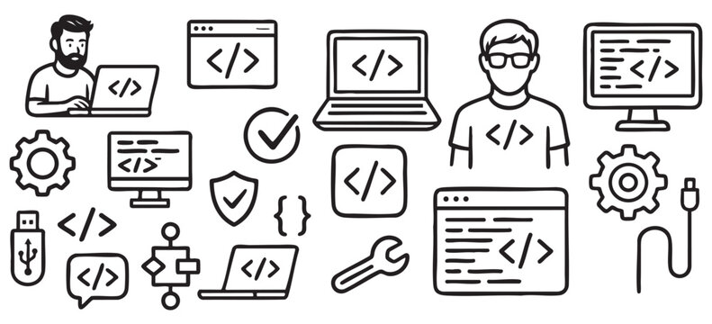 Programmer and Coding Icons Set with Laptop, Code Symbol, and Developer Character Vector Illustration