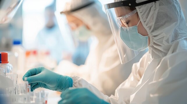 Scientists in protective gear and face shields conduct experiments in a sterile laboratory setting.