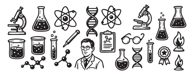 Science Lab Equipment Set with Microscope, Beaker, DNA, and Scientist Vector Illustration