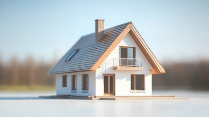 A miniature model of a house with a tiled roof and wooden accents, placed on a flat surface with a blurred background.