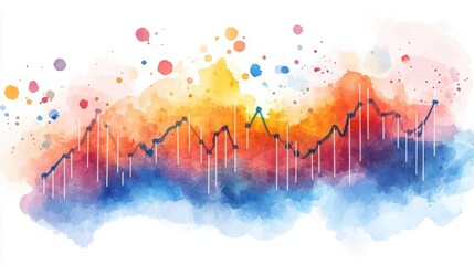 Abstract watercolor painting featuring colorful splashes blending into a financial chart with lines and bars depicting data trends.