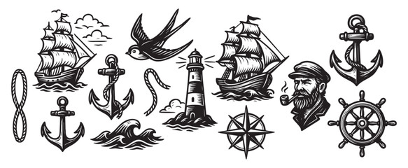 Naklejka premium Nautical and Marine Elements Set with Ship, Anchor, Lighthouse, and Compass Vector Illustration