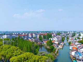 Aerial view of Shanghai Qingpu Zhujiajiao ancient town on sunny day.