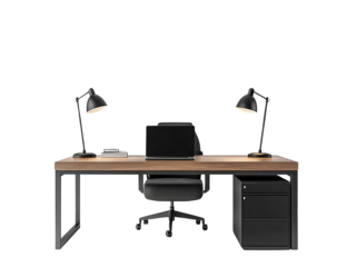 Modern home office workspace with laptop, desk lamps, and black chair on transparent background