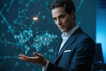 Global financial network displayed by a businessman.
