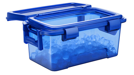 Transparent blue container filled with ice cubes against a transparent background