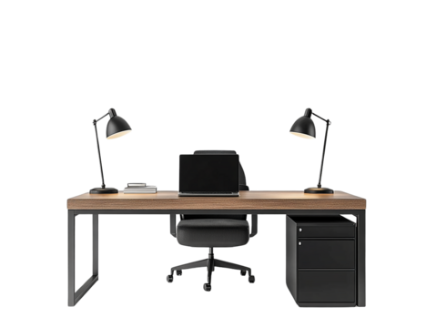 Modern home office workspace with laptop, desk lamps, and black chair on transparent background
