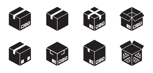 Set of Vector Cardboard Box Icons in Different Orientations, a collection of various cardboard box icons in different orientations, including closed and open boxes, showcasing different views and pote