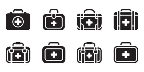 A set of black and white first aid kit icons, Collection of Simple Black First Aid Kit Icons vector art on white