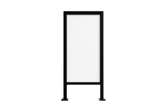 Blank vertical street advertising sign mockup, isolated on transparent background, black frame, modern design, city signage template, outdoor advertising, public display, blank