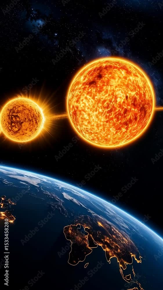 Aufkleber planetary alignment of multiple stars and planet earth in deep space background, energy stream conne