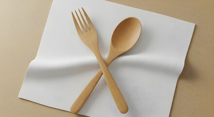 Bamboo Utensils on White Napkin – 3D Eco Kitchen with Warm Sand Background