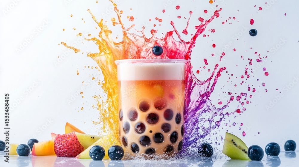 Poster a colorful drink with a straw in it is splashing out of a cup