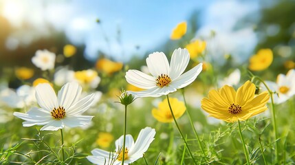 A vibrant field of colorful flowers basking in sunlight, showcasing white and yellow blooms swaying gently in the breeze under a clear blue sky, perfect for nature enthusiasts.