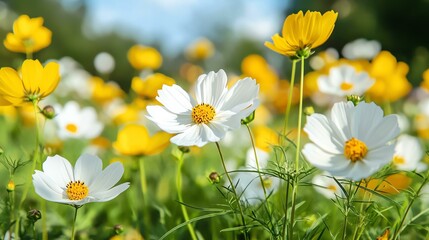 A vibrant field bursting with colorful flowers, showcasing white cosmos and bright yellow blooms under a clear blue sky, evoking a sense of joy and tranquility in nature.