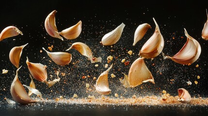 A pile of garlic pieces flying through the air