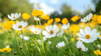 Vibrant field of wildflowers in full bloom, showcasing delicate white daisies alongside cheerful yellow blooms. A picturesque scene capturing the beauty and serenity of nature.