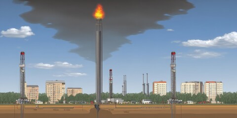 Fototapeta premium Green Energy and Climate Concept. Industrial Oil Field Scene with Gas Flare and Urban Background Under Cloudy Sky