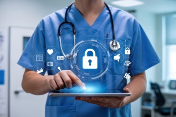 Medical professional interacting with a digital security interface.