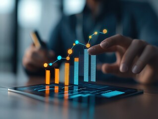 A person using a smartphone interacts with a digital tablet displaying colorful 3D bar and line charts representing data analytics and business growth.