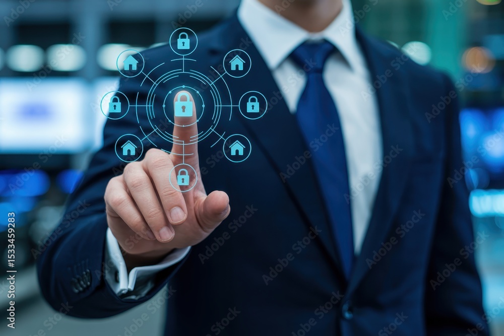 Poster a person interacts with a digital security interface.