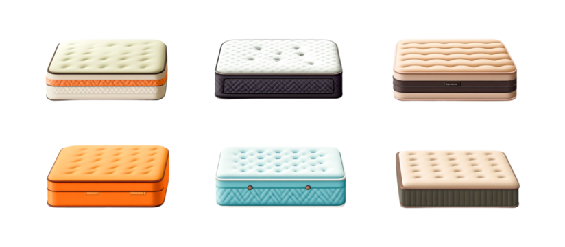 Six different mattress types shown with transparent background, showcasing various colors and textures for design elements.