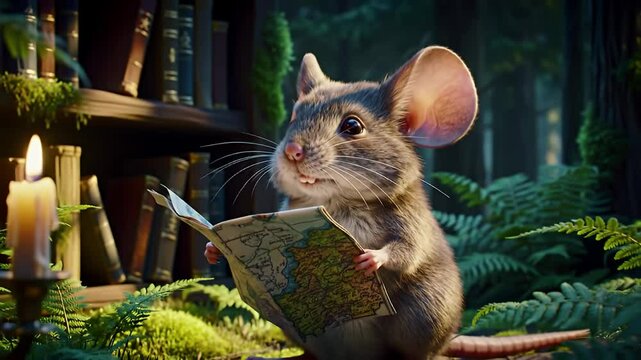 Cute mouse holding a map in a cozy library setting with warm lighting and detailed surroundings