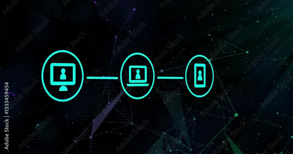 Poster 3d mesh pulsing causing desktop icon fading in linking laptop and smartphone showing connection