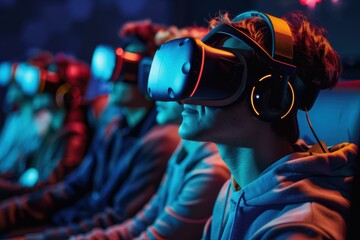 Group of People in VR Headsets Experiencing Virtual Reality or Metaverse Event.