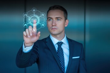 Businessman interacts with a secure access interface.