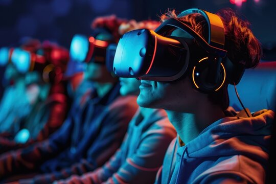 Group of People in VR Headsets Experiencing Virtual Reality or Metaverse Event.