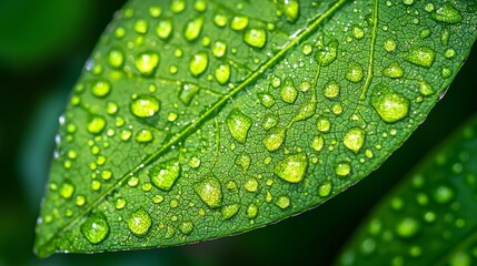 Close-Up of a Leaf with Water Drops in Macro Photography Style
