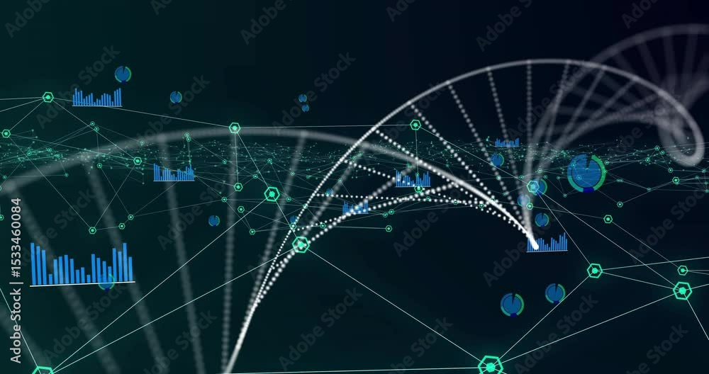 Poster particles starting network, icons merging and sweeping into rotating dna helix for visualizing data
