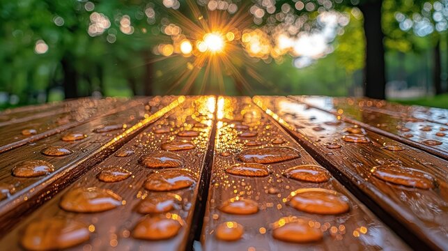 Water droplets on a wooden picnic table at sunset