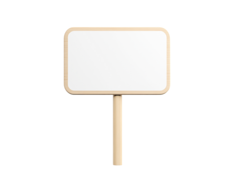 Blank wooden sign with a light beige frame and stick, isolated on transparent background, perfect for mockup, advertisement, or message display.