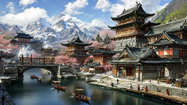 Ancient Oriental Townscape: The vibrant colors of a traditional town unfold before your eyes. This image is an embodiment of history and beauty.